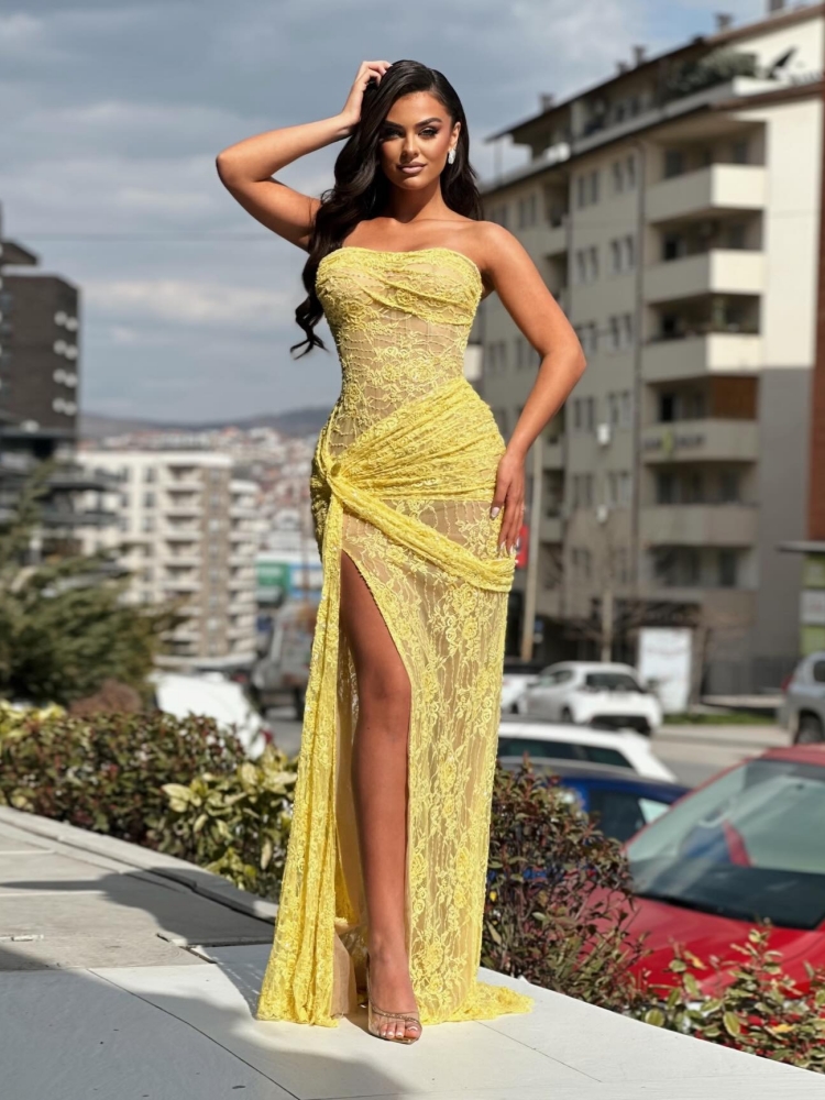 Embroidery Yellow Dress - Желтое кружевное платье-русалка с вышивкой и